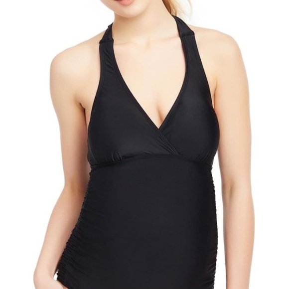 Motherhood Maternity One Piece Black Halter Ruched Swimsuit Medium - Picture 3 of 12